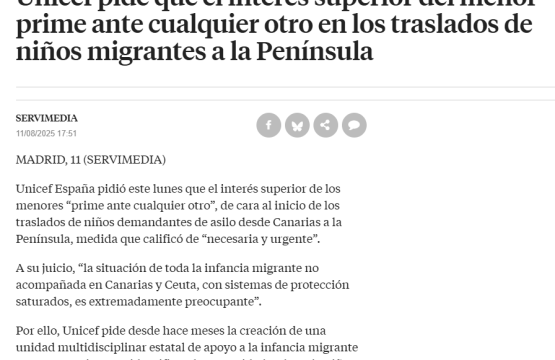 Unicef pide que el interés superior del menor prime ante cualquier otro en los traslados de niños migrantes a la Península