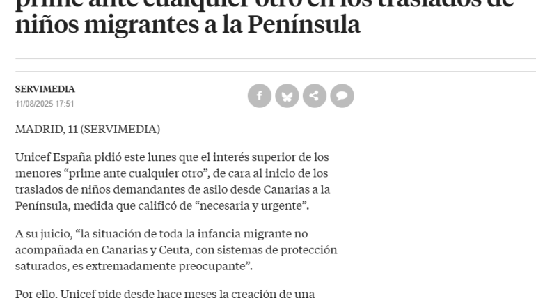 Unicef pide que el interés superior del menor prime ante cualquier otro en los traslados de niños migrantes a la Península