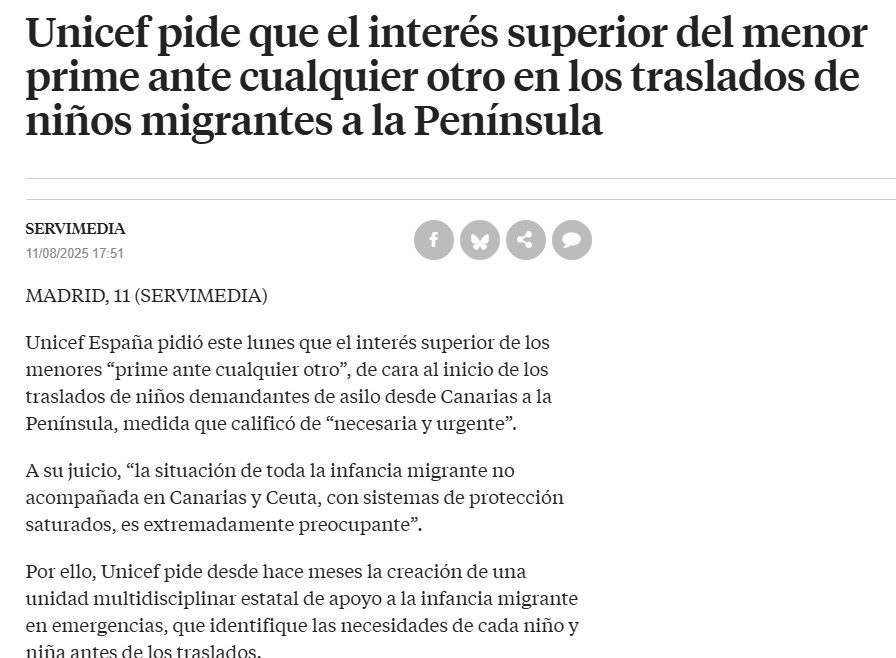 Unicef pide que el interés superior del menor prime ante cualquier otro en los traslados de niños migrantes a la Península
